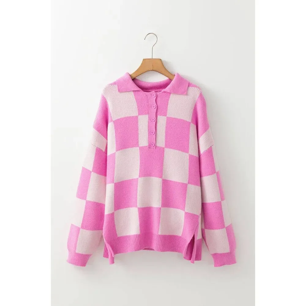 Pink Checkerboard Half Button Collared Drop Shoulder Sweater - Picture 4 of 5